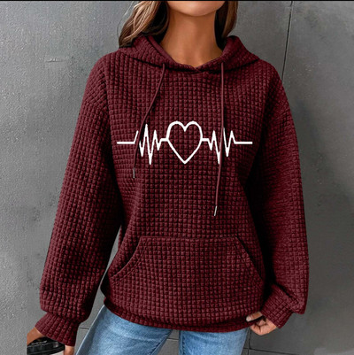 Jesensko-zimske majice s kapuljačom, ženske duge rukave, ležerna majica s uzicom, retrowaffle trendi ulična odjeća s džepom hudi oversajz