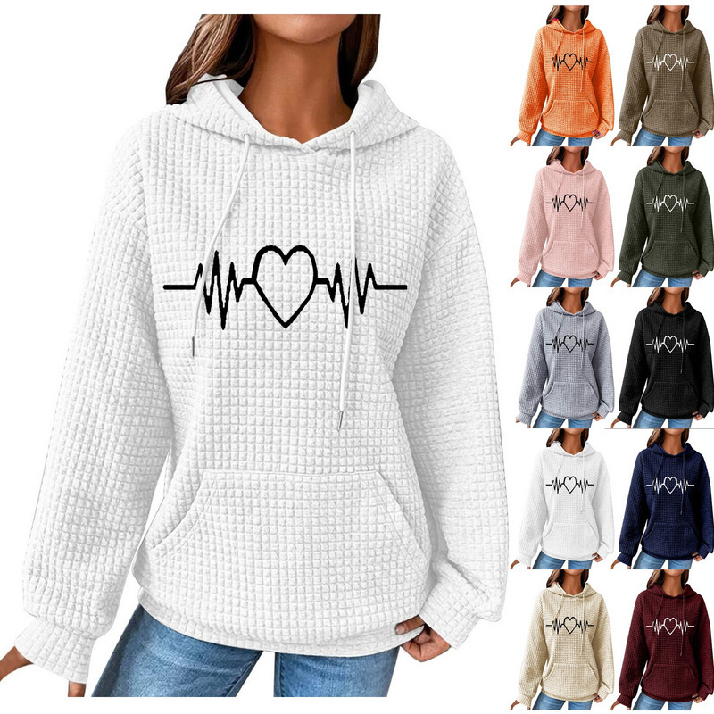 Jesensko-zimske majice s kapuljačom, ženske duge rukave, ležerna majica s uzicom, retrowaffle trendi ulična odjeća s džepom hudi oversajz