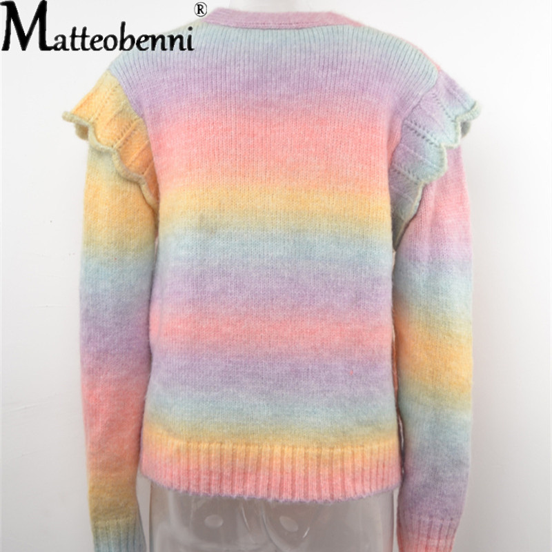Φθινοπωρινό Χειμώνα Γυναικείο vintage πουλόβερ Rainbow Tie-Dye Cardigan Πλεκτό Loose Ruffles Πουλόβερ Ζακέτες για Γυναικείο Μπουφάν Trend
