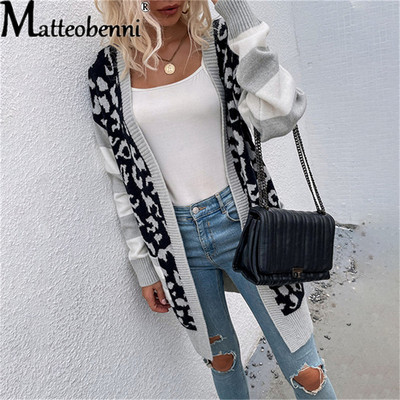 Leopardimustriga kardigan kootud naiste pikkade varrukatega tasku Sügistalvised pikad kampsunid Mood 2021 Naiste vabaaja lahtine maksimantel