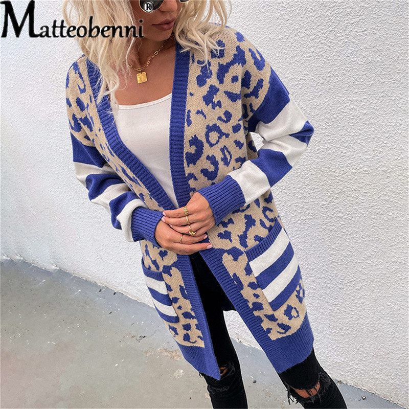 Leopardimustriga kardigan kootud naiste pikkade varrukatega tasku Sügistalvised pikad kampsunid Mood 2021 Naiste vabaaja lahtine maksimantel