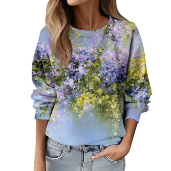 Дамски суичър 2023 Есен с дълги ръкави Ежедневен свободен пуловер Пуловер Дамска дигитална графична блуза О деколте Горнища с флорален принт