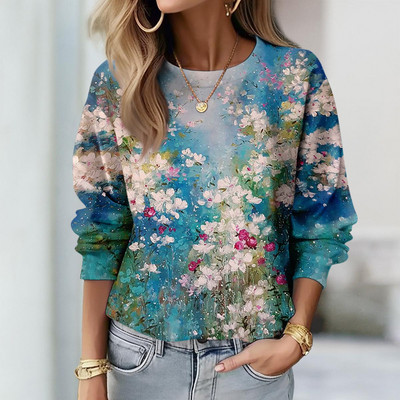 Γυναικεία φούτερ 2023 Φθινόπωρο με μακριά μανίκια Casual φαρδιά πουλόβερ Γυναικεία πουλόβερ Ψηφιακή γραφική μπλούζα O λαιμόκοψη φλοράλ στάμπα μπλούζες