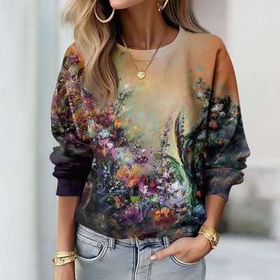 Γυναικεία φούτερ 2023 Φθινόπωρο με μακριά μανίκια Casual φαρδιά πουλόβερ Γυναικεία πουλόβερ Ψηφιακή γραφική μπλούζα O λαιμόκοψη φλοράλ στάμπα μπλούζες