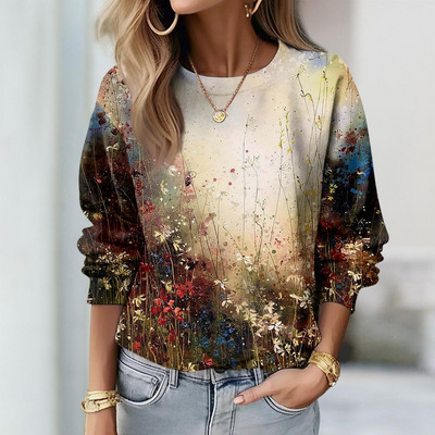 Γυναικεία φούτερ 2023 Φθινόπωρο με μακριά μανίκια Casual φαρδιά πουλόβερ Γυναικεία πουλόβερ Ψηφιακή γραφική μπλούζα O λαιμόκοψη φλοράλ στάμπα μπλούζες