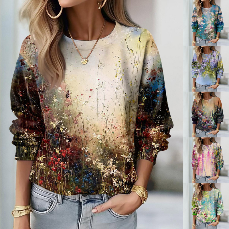 Γυναικεία φούτερ 2023 Φθινόπωρο με μακριά μανίκια Casual φαρδιά πουλόβερ Γυναικεία πουλόβερ Ψηφιακή γραφική μπλούζα O λαιμόκοψη φλοράλ στάμπα μπλούζες