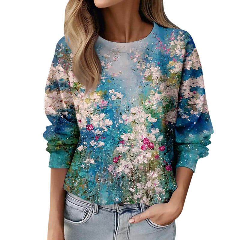 Γυναικεία φούτερ 2023 Φθινόπωρο με μακριά μανίκια Casual φαρδιά πουλόβερ Γυναικεία πουλόβερ Ψηφιακή γραφική μπλούζα O λαιμόκοψη φλοράλ στάμπα μπλούζες