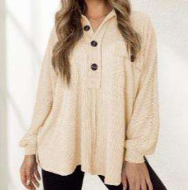 Γυναικεία μπλούζα μόδας 2023 Φθινόπωρο μονόχρωμη casual με λαιμόκοψη V με μακρυμάνικο σχέδιο με κουμπιά καθημερινά φαρδιά μπλούζα