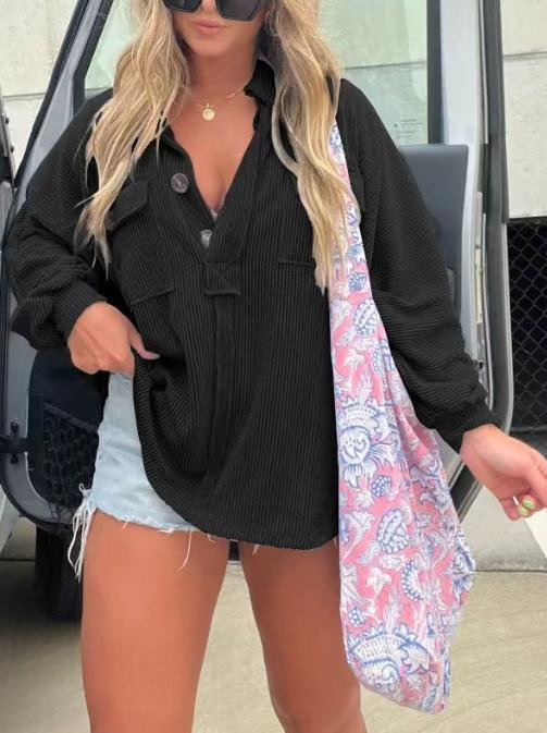 Γυναικεία μπλούζα μόδας 2023 Φθινόπωρο μονόχρωμη casual με λαιμόκοψη V με μακρυμάνικο σχέδιο με κουμπιά καθημερινά φαρδιά μπλούζα