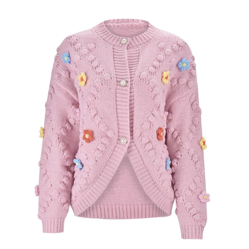 Ženski heklani pleteni kardigan džemper Korejska modna pletenina s cvjetnim vezom Gornja odjeća od kardigana s jednim kopčanjem