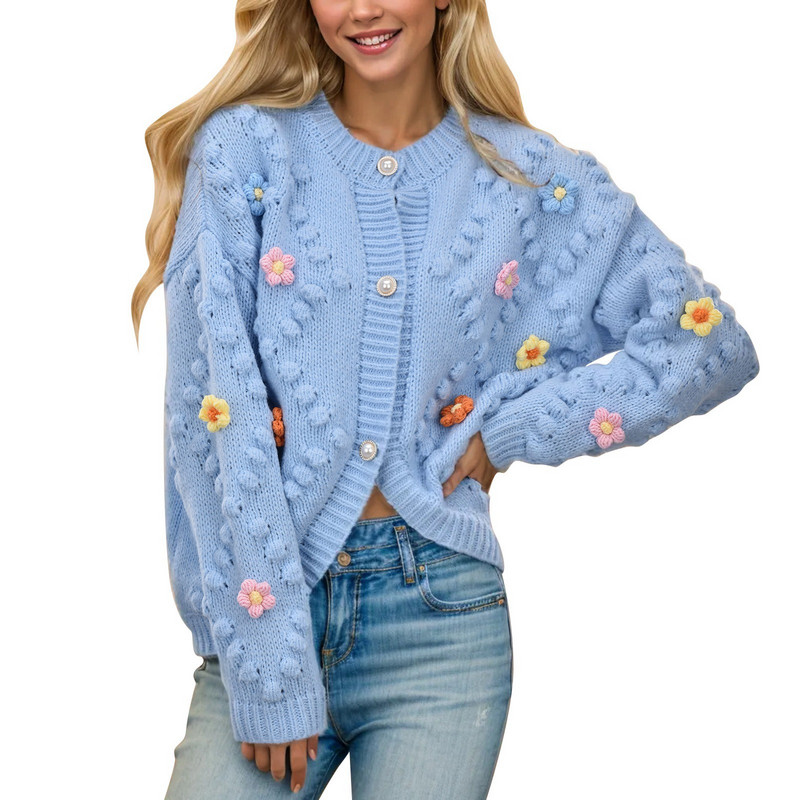 Ženski heklani pleteni kardigan džemper Korejska modna pletenina s cvjetnim vezom Gornja odjeća od kardigana s jednim kopčanjem