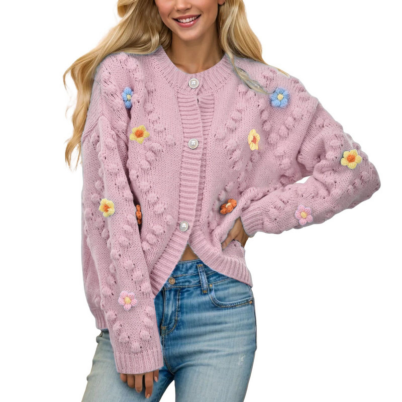 Ženski heklani pleteni kardigan džemper Korejska modna pletenina s cvjetnim vezom Gornja odjeća od kardigana s jednim kopčanjem