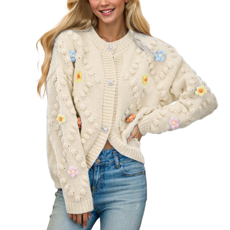 Ženski heklani pleteni kardigan džemper Korejska modna pletenina s cvjetnim vezom Gornja odjeća od kardigana s jednim kopčanjem