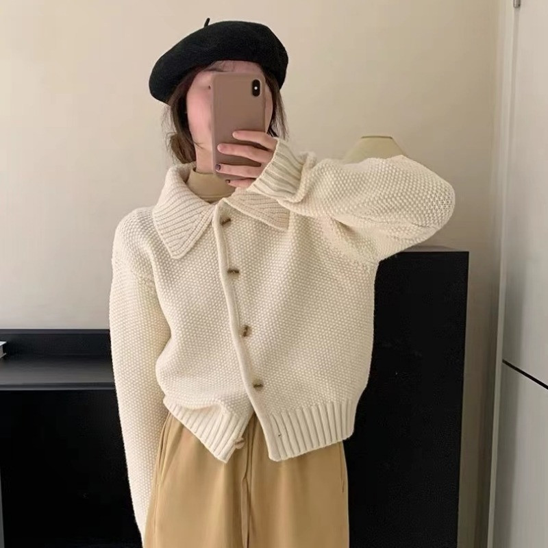 Ezgaga megztas megztinis moteriškas prancūziško stiliaus prašmatnus apykaklė Rudens žiema Elegantiškas megztinis Viršutiniai drabužiai Laisvi moteriški viršutiniai drabužiai