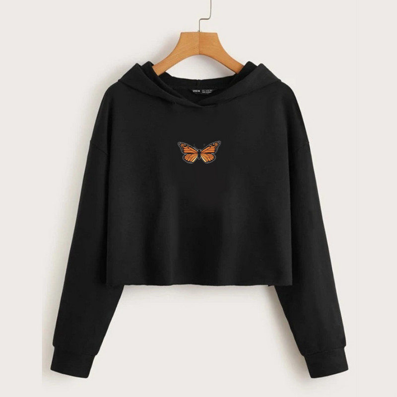 Γυναικεία φθινοπωρινά φούτερ με κουκούλα κοντό μακρυμάνικο πουλόβερ Μασίφ μπλούζα υπερμεγέθη Κορεάτικο φανελάκι Λευκό μπλουζάκι πεταλούδα Γυναικείο πουλόβερ