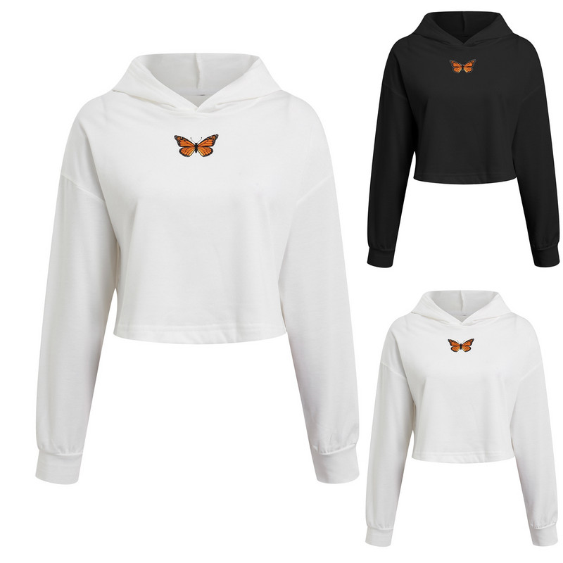 Γυναικεία φθινοπωρινά φούτερ με κουκούλα κοντό μακρυμάνικο πουλόβερ Μασίφ μπλούζα υπερμεγέθη Κορεάτικο φανελάκι Λευκό μπλουζάκι πεταλούδα Γυναικείο πουλόβερ