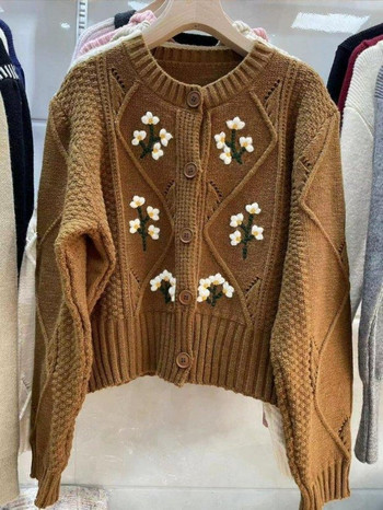 Ezgaga Cropped Cardigan Γυναικεία Vintage Κομψό Κέντημα Λουλουδάτο Πλεκτό Πλεκτό Πλεκτό Πλεκτό Πουλόβερ Μονόστηθος Γυναικεία Μόδα