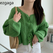 Ezgaga Κομψό Γυναικείο πουλόβερ Vintage Σχέδιο Φανάρι μανίκι Χαλαρή κάθετη λαιμόκοψη Πλεκτή Cropped Ζακέτα Γυναικεία μόδα Chic