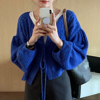 Ezgaga Κομψό Γυναικείο πουλόβερ Vintage Σχέδιο Φανάρι μανίκι Χαλαρή κάθετη λαιμόκοψη Πλεκτή Cropped Ζακέτα Γυναικεία μόδα Chic