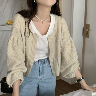 Ezgaga Κομψό Γυναικείο πουλόβερ Vintage Σχέδιο Φανάρι μανίκι Χαλαρή κάθετη λαιμόκοψη Πλεκτή Cropped Ζακέτα Γυναικεία μόδα Chic