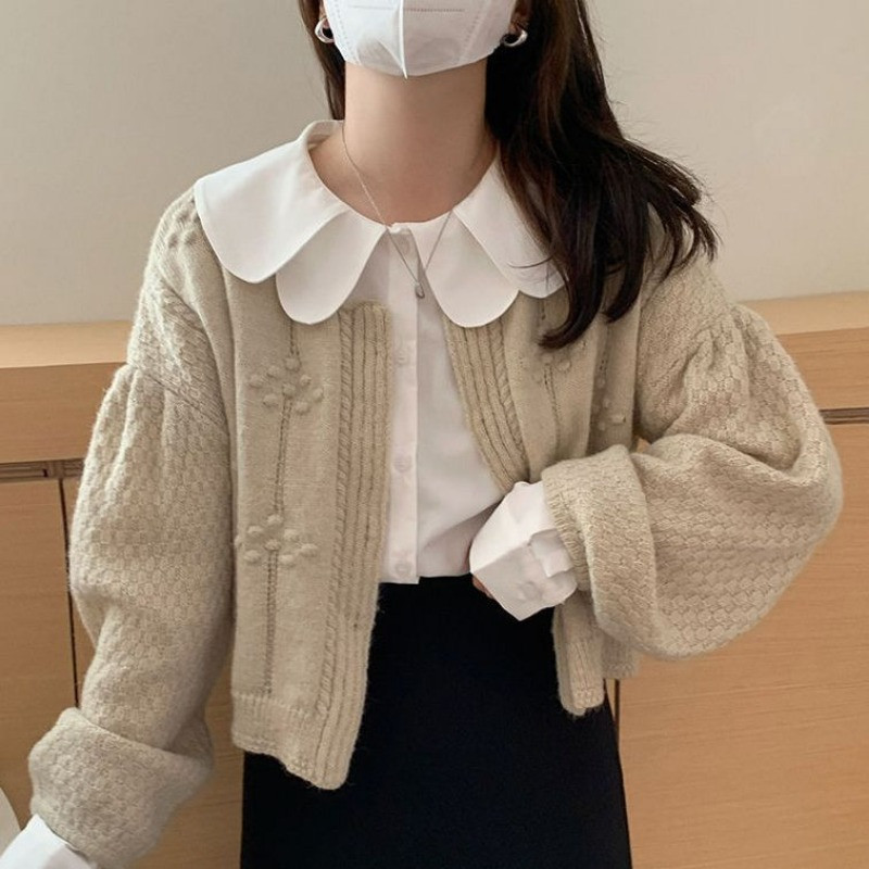 Ezgaga Κομψό Γυναικείο πουλόβερ Vintage Σχέδιο Φανάρι μανίκι Χαλαρή κάθετη λαιμόκοψη Πλεκτή Cropped Ζακέτα Γυναικεία μόδα Chic