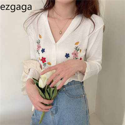 Ezgaga Cardigan tricotat vintage pentru femei, broderie florală, cu gât în V, toamna 2023, pulover nou, îmbrăcăminte de îmbrăcăminte, întinsă, subțire, topuri pentru dama