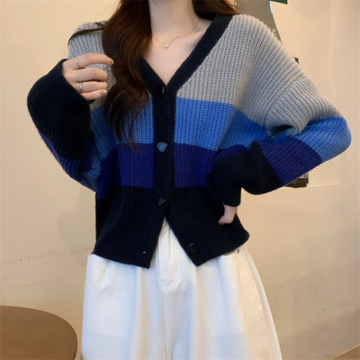 Ezgaga Casual Πλεκτή Ζακέτα Γυναικεία ριγέ V λαιμόκοψη φθινόπωρο 2023 Νέα ρούχα πουλόβερ με μονό στήθος Φαρδιά γυναικεία μπλουζάκια μόδας