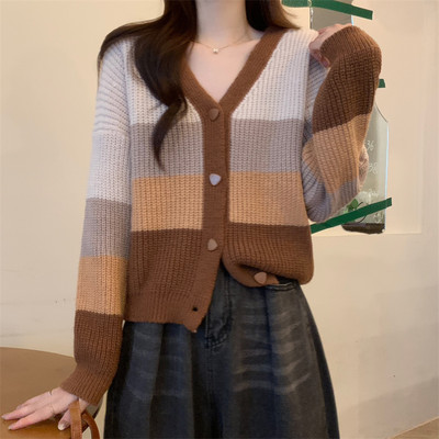 Ezgaga Casual Πλεκτή Ζακέτα Γυναικεία ριγέ V λαιμόκοψη φθινόπωρο 2023 Νέα ρούχα πουλόβερ με μονό στήθος Φαρδιά γυναικεία μπλουζάκια μόδας