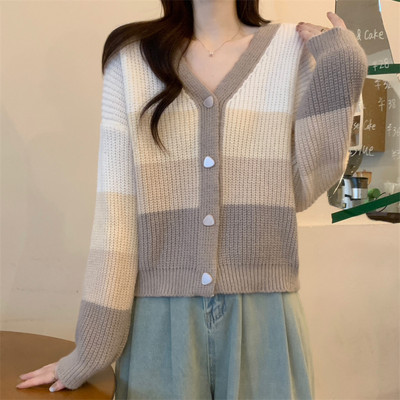 Ezgaga Casual Πλεκτή Ζακέτα Γυναικεία ριγέ V λαιμόκοψη φθινόπωρο 2023 Νέα ρούχα πουλόβερ με μονό στήθος Φαρδιά γυναικεία μπλουζάκια μόδας