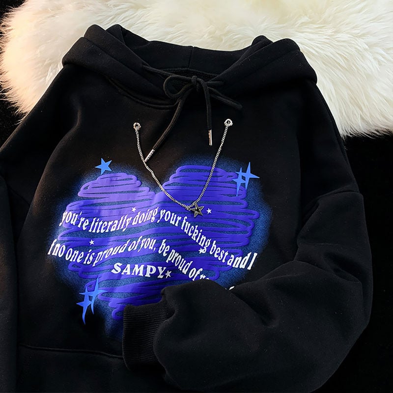 High Street Love Print kapuutsiga dressipluus naine sügistalv vabaaja esteetilised kapuutsid kettiga Korea riided Y2k riided