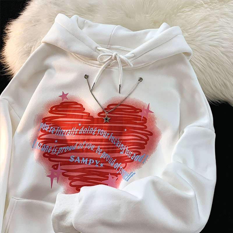 High Street Love Print kapuutsiga dressipluus naine sügistalv vabaaja esteetilised kapuutsid kettiga Korea riided Y2k riided