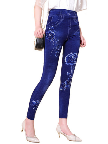 CUHAKCI Out Wear Peony Printed Tight ImiTAT Denim Summer Women Pants Fitness Jeans High Stretch Seamless Fitness Yoga Legging