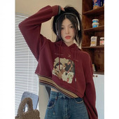 Κοντό στυλ μόδας με κόκκινη κουκούλα με τύπωμα casual γυναικείες κουκούλες αμερικανικές χειμερινές χαλαρές γυναικείες κουκούλες στο δρόμο