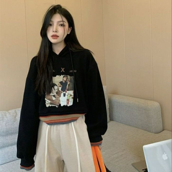 Κοντό στυλ μόδας με κόκκινη κουκούλα με τύπωμα casual γυναικείες κουκούλες αμερικανικές χειμερινές χαλαρές γυναικείες κουκούλες στο δρόμο