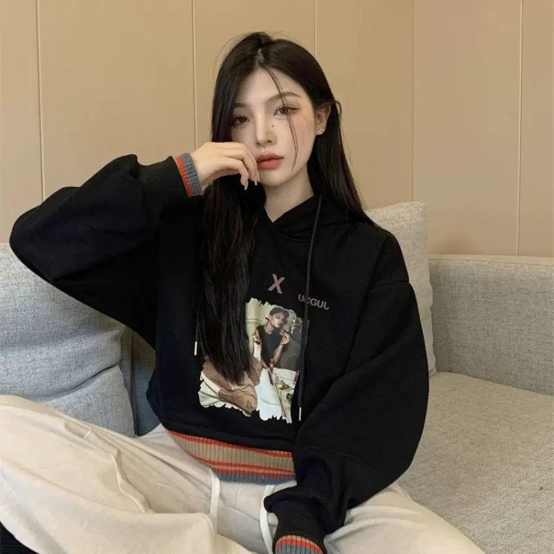 Κοντό στυλ μόδας με κόκκινη κουκούλα με τύπωμα casual γυναικείες κουκούλες αμερικανικές χειμερινές χαλαρές γυναικείες κουκούλες στο δρόμο