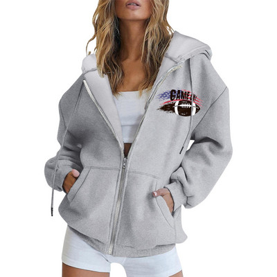 Γυναικείες κουκούλες 2023 Φθινοπωρινό ποδόσφαιρο με γραφικό φερμουάρ Μπλούζες μεγάλου μεγέθους Φούτερ Harajuku Rugby με μακρυμάνικο μπουφάν με κουκούλα