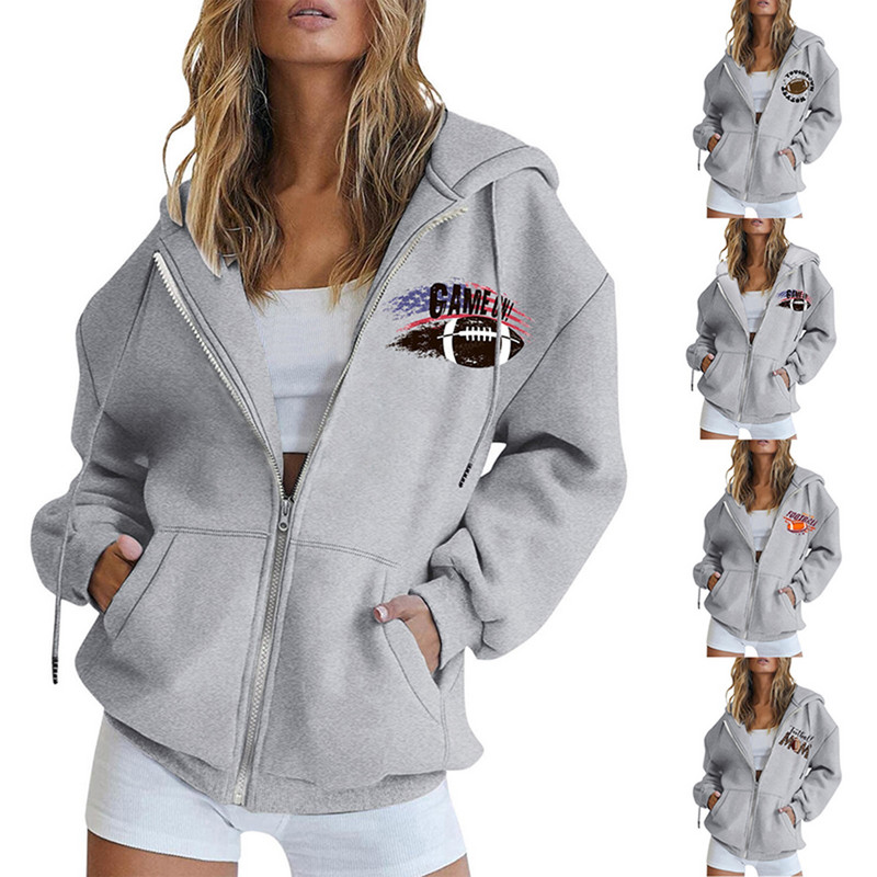 Γυναικείες κουκούλες 2023 Φθινοπωρινό ποδόσφαιρο με γραφικό φερμουάρ Μπλούζες μεγάλου μεγέθους Φούτερ Harajuku Rugby με μακρυμάνικο μπουφάν με κουκούλα