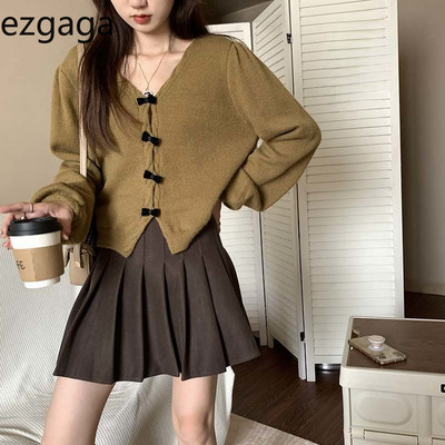 Ezgaga Sweet Cardigan Γυναικεία φιόγκο V λαιμόκοψη Μασίφ χαλαρό μακρυμάνικο 2023 Φθινοπωρινό πλεκτό πουλόβερ Πανω από γυναικεία μόδα Crop τοπ