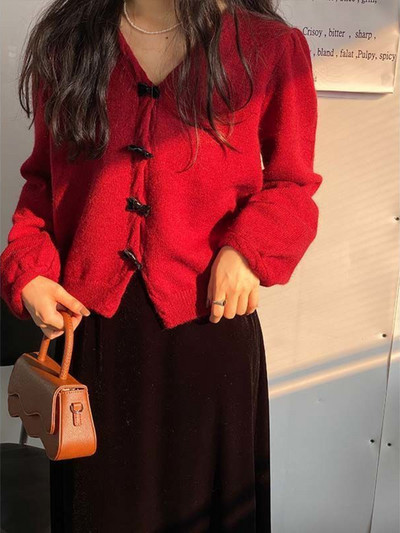 Ezgaga slatki kardigan s mašnom i V izrezom Jednobojni labavi dugih rukava Jesenski pleteni pulover 2023. Gornja odjeća Ženske modne kratke majice