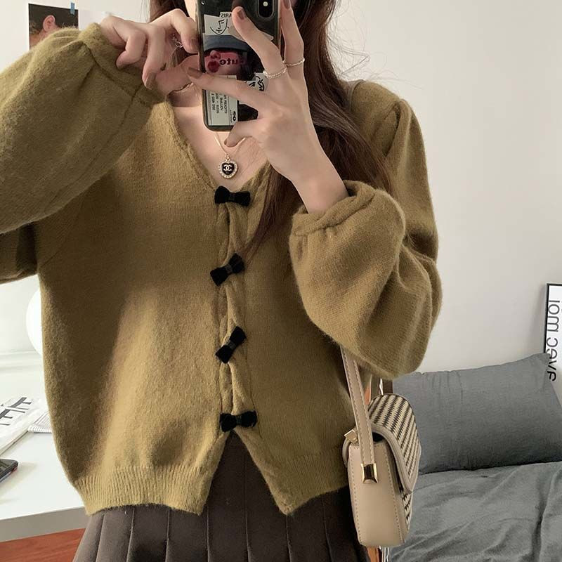 Ezgaga slatki kardigan s mašnom i V izrezom Jednobojni labavi dugih rukava Jesenski pleteni pulover 2023. Gornja odjeća Ženske modne kratke majice