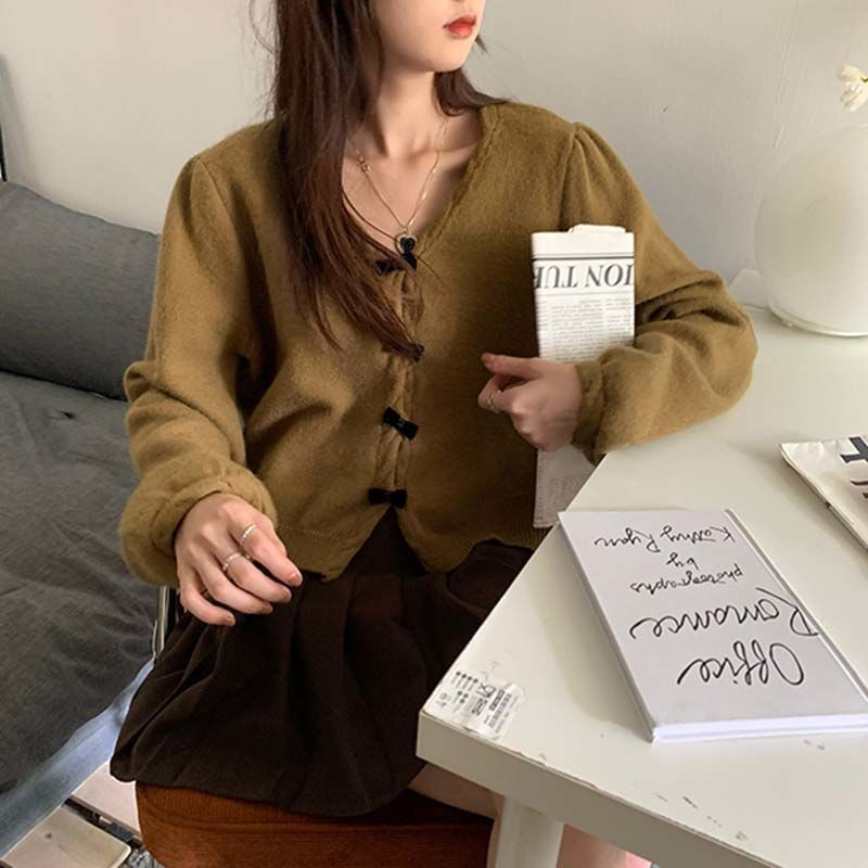 Ezgaga slatki kardigan s mašnom i V izrezom Jednobojni labavi dugih rukava Jesenski pleteni pulover 2023. Gornja odjeća Ženske modne kratke majice