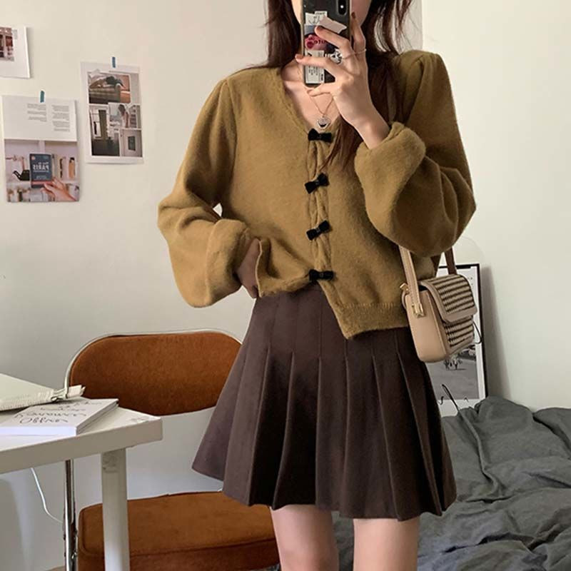 Ezgaga slatki kardigan s mašnom i V izrezom Jednobojni labavi dugih rukava Jesenski pleteni pulover 2023. Gornja odjeća Ženske modne kratke majice