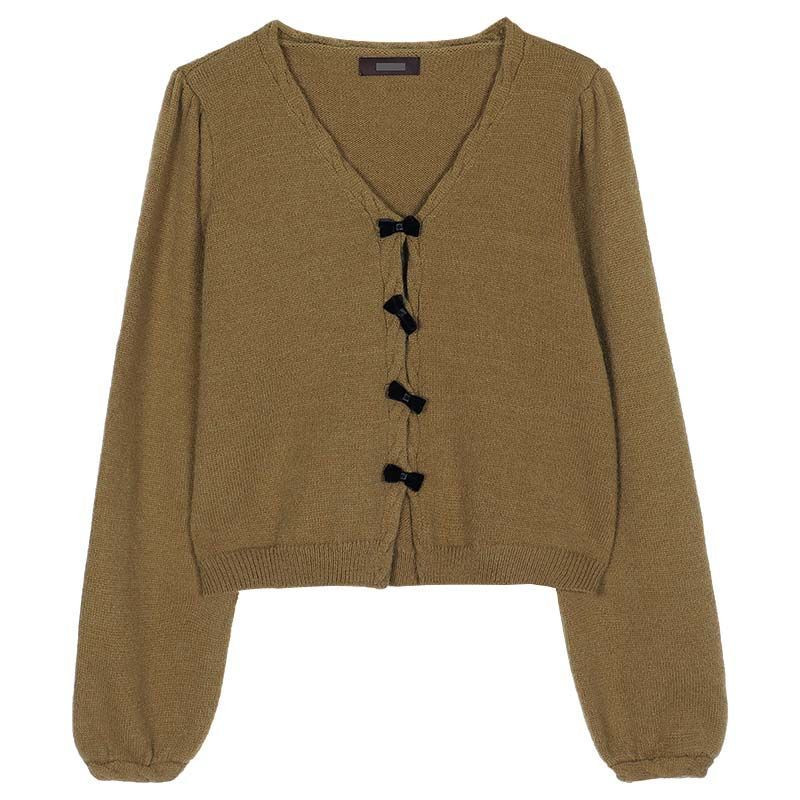 Ezgaga slatki kardigan s mašnom i V izrezom Jednobojni labavi dugih rukava Jesenski pleteni pulover 2023. Gornja odjeća Ženske modne kratke majice