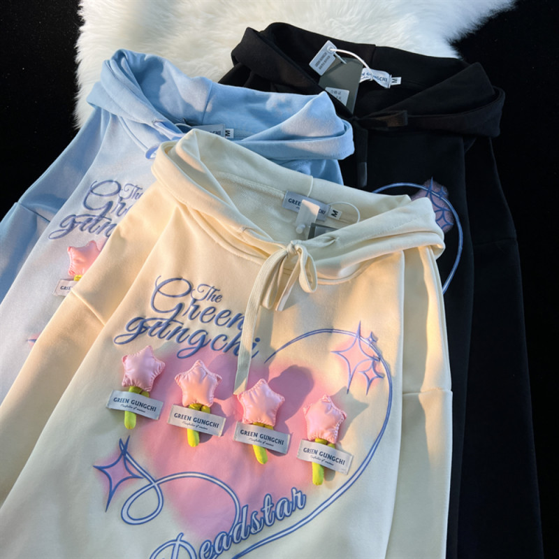 3D Star Flower Print Φούτερ Γυναικεία Κορεάτικη Μόδα Lazy γυναικεία φούτερ με κουκούλα Γραφικά γλυκά και υπέροχα ειδικά πουλόβερ