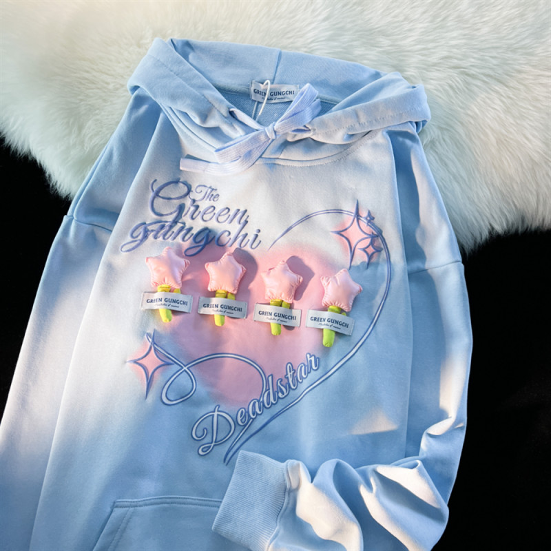 3D Star Flower Print Φούτερ Γυναικεία Κορεάτικη Μόδα Lazy γυναικεία φούτερ με κουκούλα Γραφικά γλυκά και υπέροχα ειδικά πουλόβερ