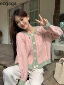 Ezgaga Πλεκτή Ζακέτα Γυναικεία Φθινοπωρινή Νέα Χαλαρή O λαιμός Μονό στήθος Cropped πουλόβερ Γυναικεία μπλουζάκια με αντίθεση