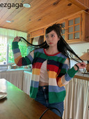 Ezgaga pleteni kardigan, ženski duginih pruga s O izrezom, gornja odjeća s jednim kopčanjem, modni pulover jesen 2023., ženske majice, ležerne