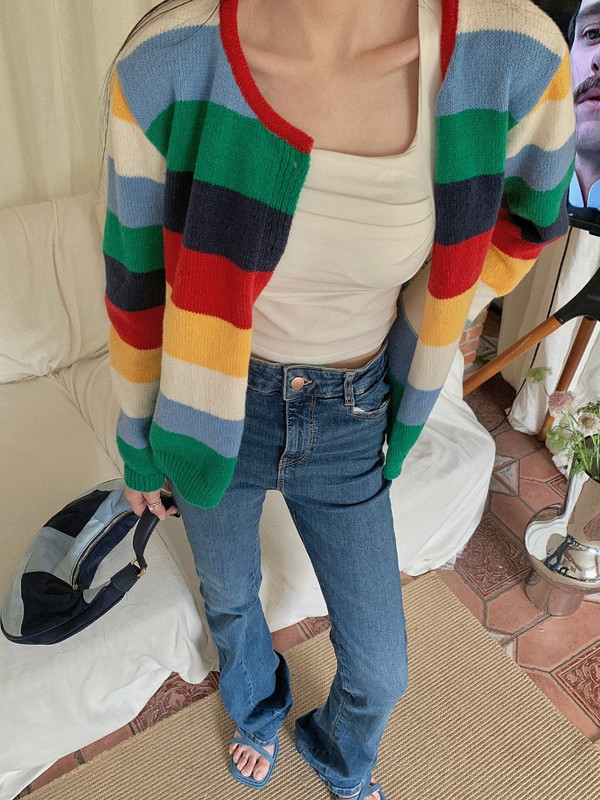 Ezgaga pleteni kardigan, ženski duginih pruga s O izrezom, gornja odjeća s jednim kopčanjem, modni pulover jesen 2023., ženske majice, ležerne