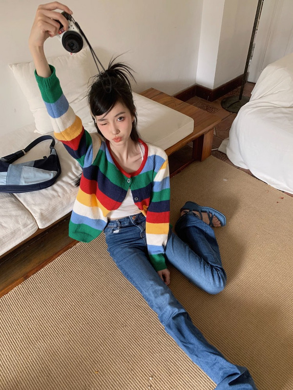 Ezgaga pleteni kardigan, ženski duginih pruga s O izrezom, gornja odjeća s jednim kopčanjem, modni pulover jesen 2023., ženske majice, ležerne