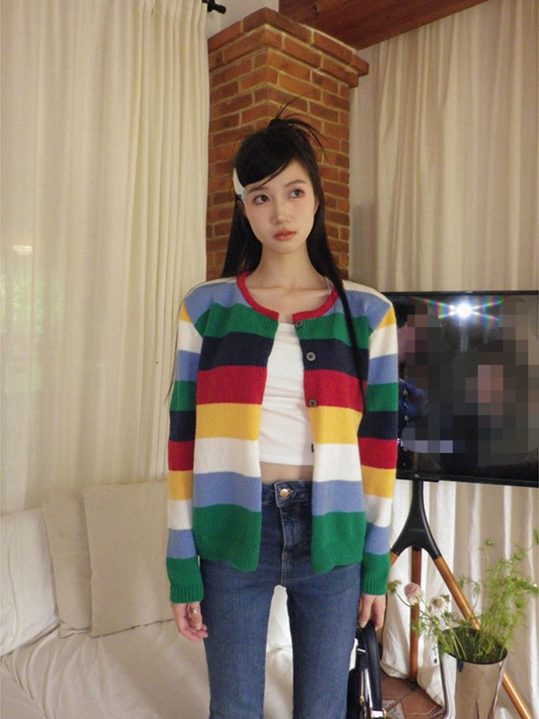 Ezgaga pleteni kardigan, ženski duginih pruga s O izrezom, gornja odjeća s jednim kopčanjem, modni pulover jesen 2023., ženske majice, ležerne